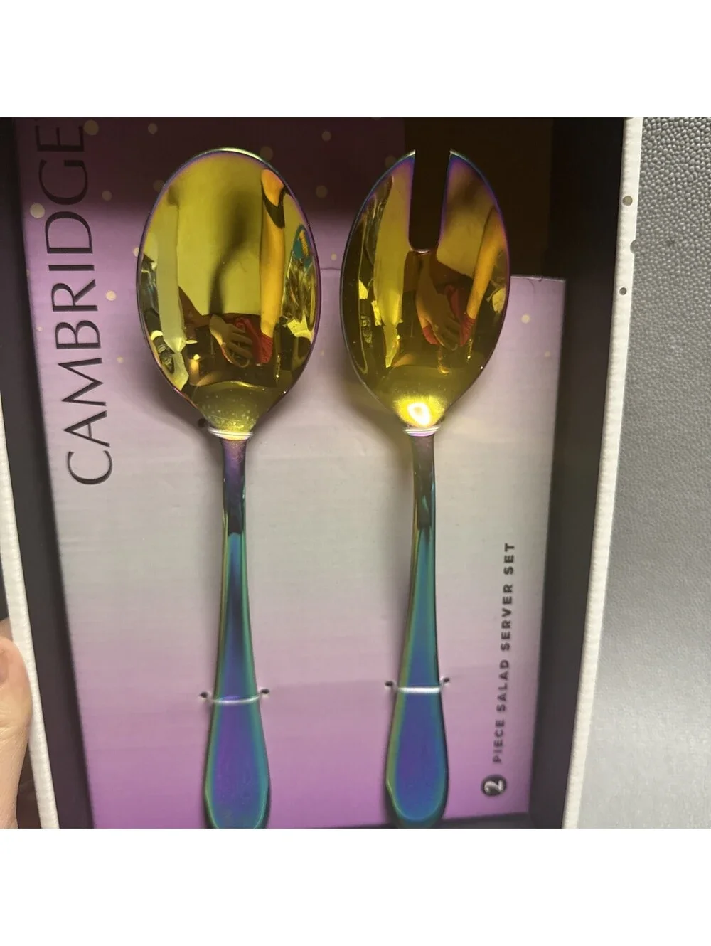Cambridge 2 Piece Salad Server Set Celeste Rainbow Mirrored Iridescent Spoons